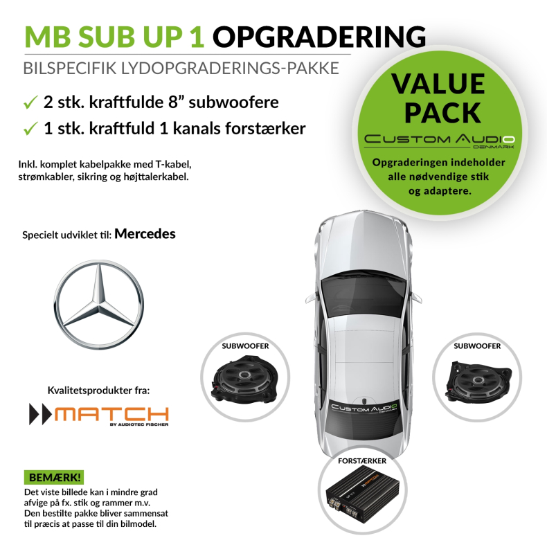 Mercedes baspakke 1 med kraftig Match forst�rker og 2 stk. kraftige 8" Match subwoofere