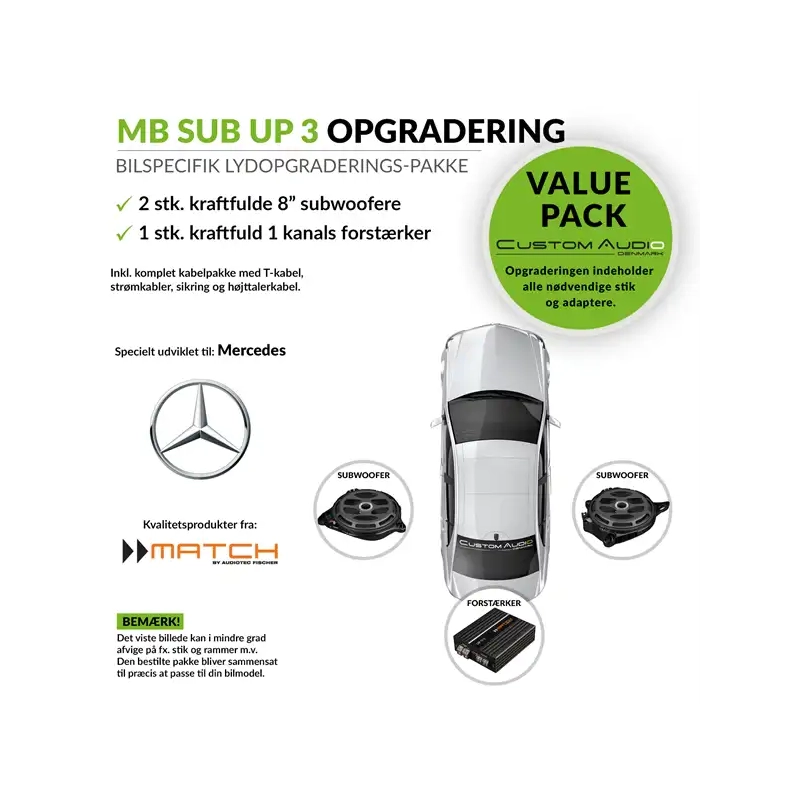 Mercedes baspakke 3 med kraftig Match forst�rker og 2 stk. kraftige 8" Match subwoofere