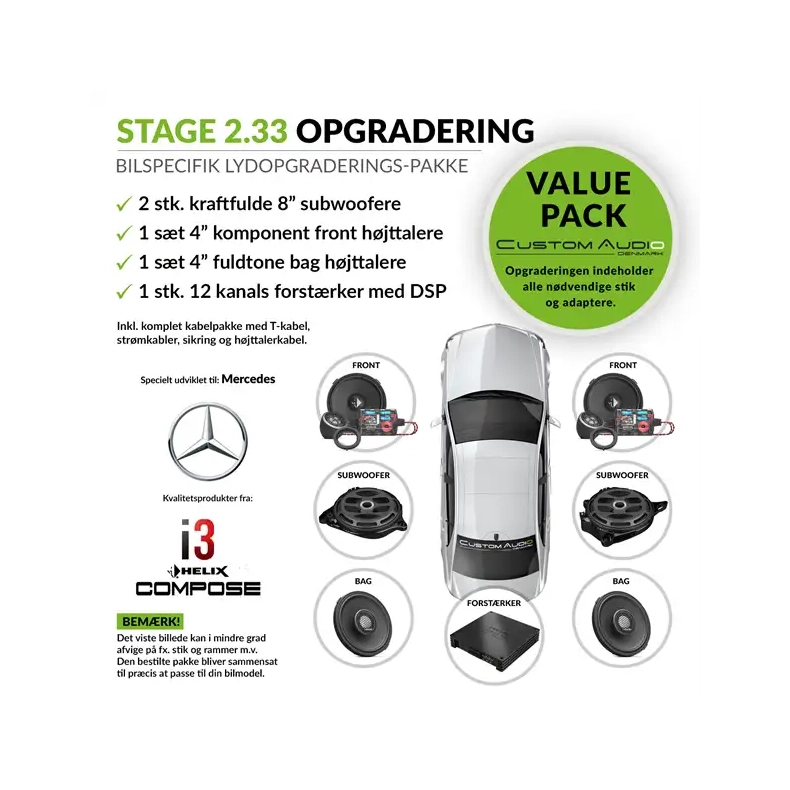 Mercedes STAGE 2.33 lydpakke med Helix Compose i3 h�jttalere og forst�rker 