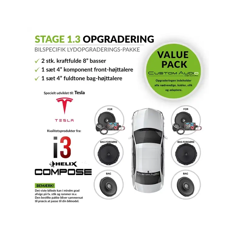 Lydpakke til Tesla Model 3 og Model Y,  Helix Compose i3 h�jttalerpakke STAGE 1.3