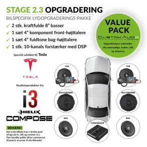 Lydpakke til Tesla Model 3 og Model Y,  Match forst�rker og Helix Compose i3 lydpakke STAGE 2.3